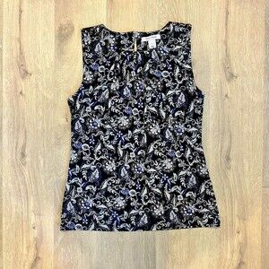 White House Black Market Black and Blue Floral Blouse